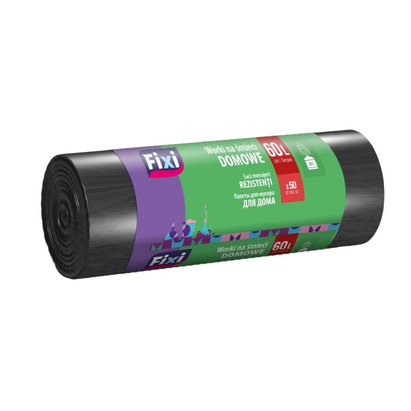 Saci menajeri Fixi, capacitate 60 litri, 50 bucati/rola, negru - imagine 3